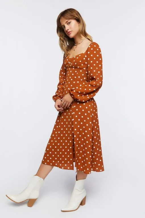 Polka Dot Peasant-Sleeve Midi Dress
