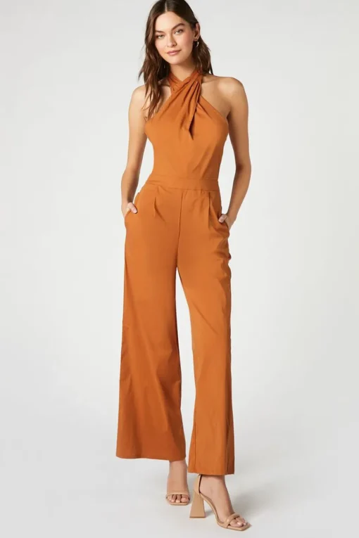 Poplin Halter Wide-Leg Jumpsuit
