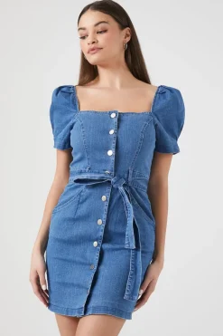 Puff-Sleeve Denim Mini Dress