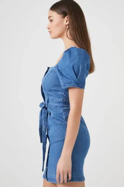 Puff-Sleeve Denim Mini Dress