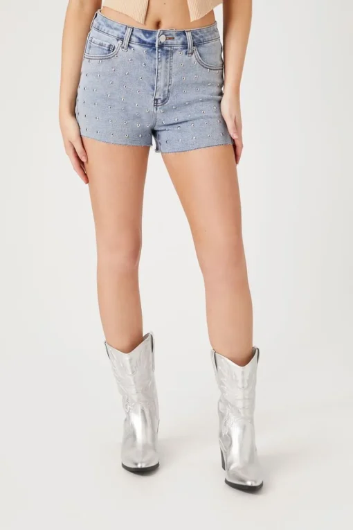 Raw-Cut Studded Denim Shorts