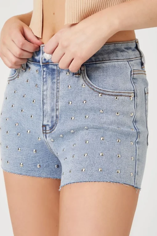Raw-Cut Studded Denim Shorts