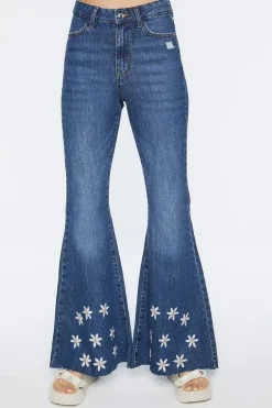 Recycled Cotton Embroidered Floral Flare Jeans