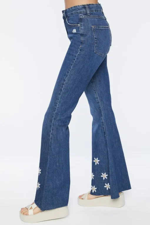Recycled Cotton Embroidered Floral Flare Jeans