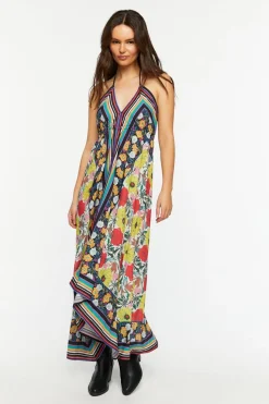 Reworked Floral Striped Halter Midi Dress
