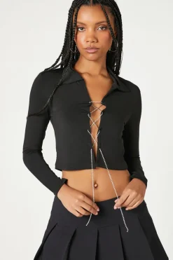 Rhinestone Lace-Up Crop Top