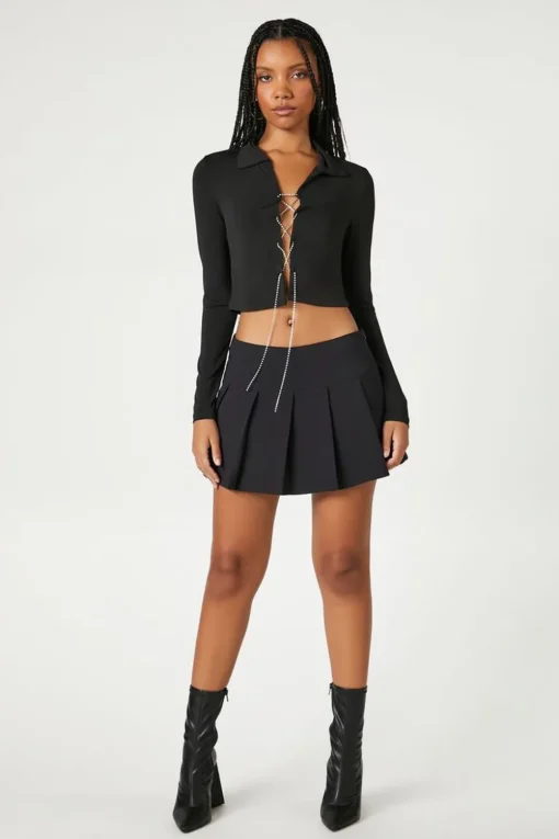 Rhinestone Lace-Up Crop Top