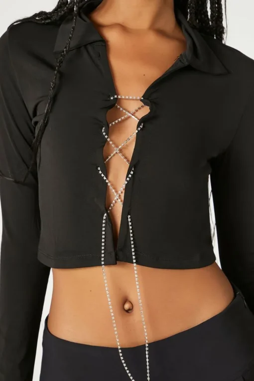 Rhinestone Lace-Up Crop Top