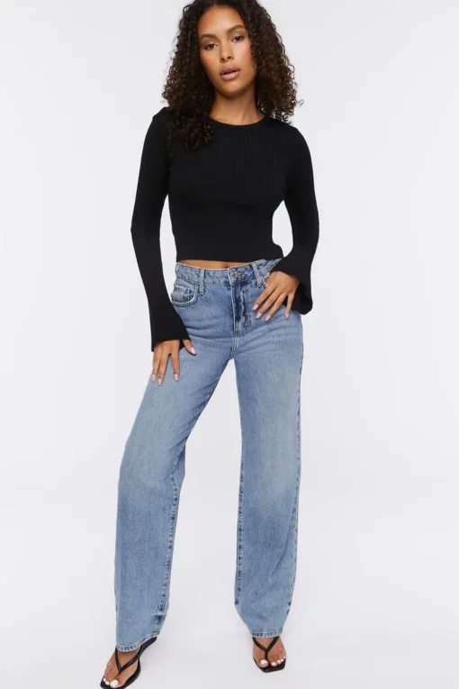 Ribbed Bell-Sleeve Crop Top