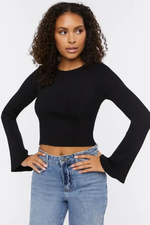 Ribbed Bell-Sleeve Crop Top