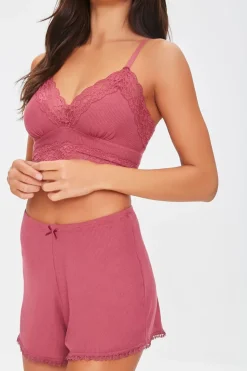 Ribbed Bow Lace Pajama Shorts