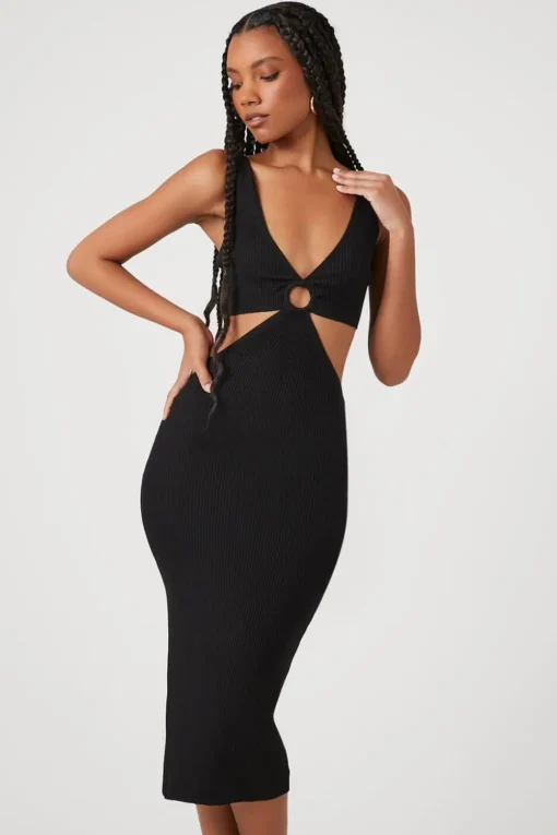 Ribbed Cutout O-Ring Midi Dress