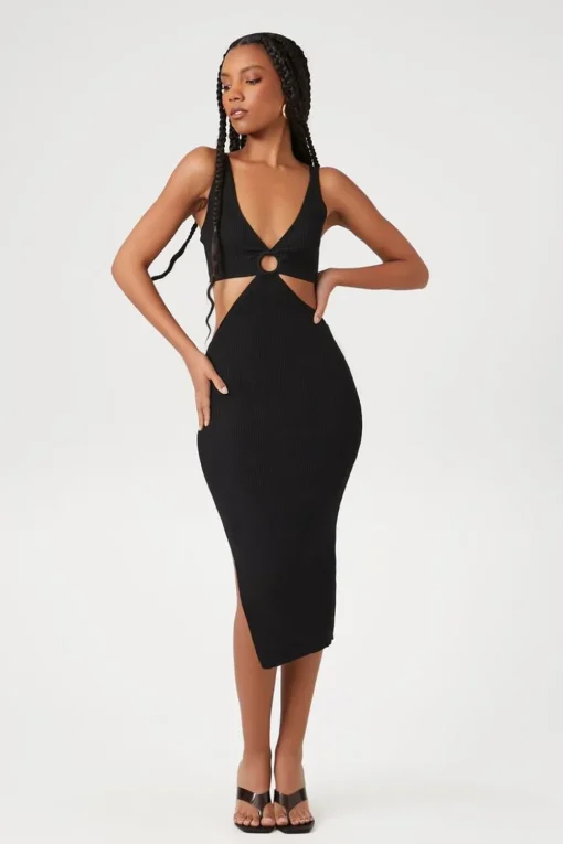 Ribbed Cutout O-Ring Midi Dress