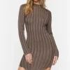 Ribbed Mock Neck V-Hem Mini Dress