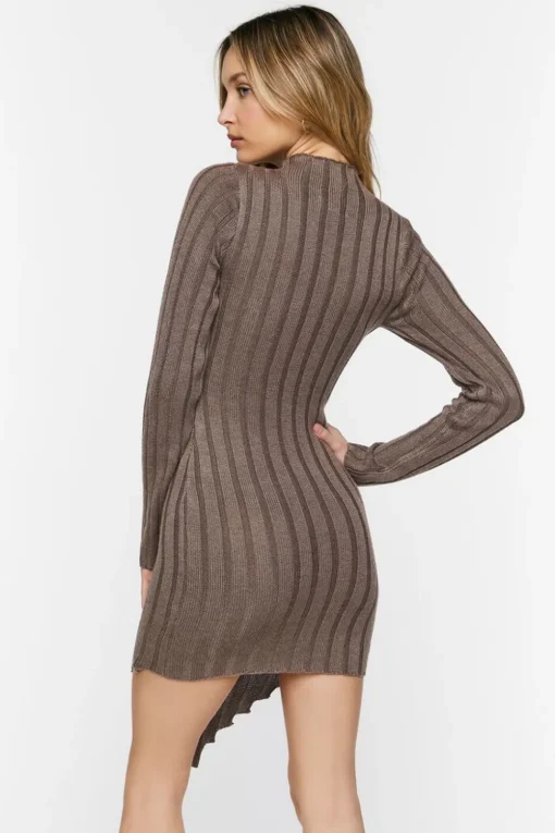Ribbed Mock Neck V-Hem Mini Dress