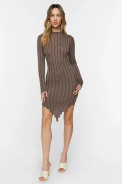 Ribbed Mock Neck V-Hem Mini Dress