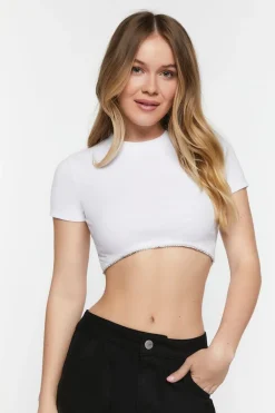 Ribbed Rhinestone-Trim Crop Top