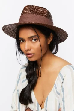Ribbon-Trim Straw Fedora
