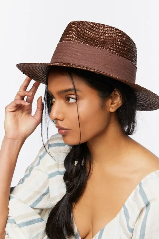 Ribbon-Trim Straw Fedora