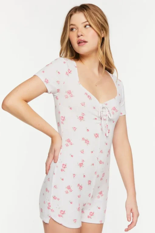 Rose Print Ruched Lounge Romper