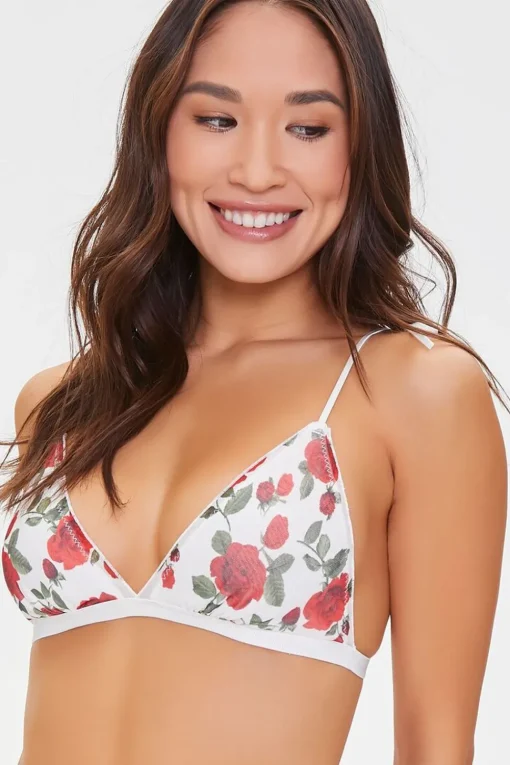 Rose Print Self-Tie Mesh Bralette