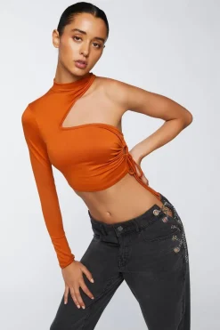 Ruched Cutout One-Sleeve Crop Top