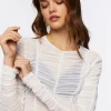 Ruched Mesh Long-Sleeve Top