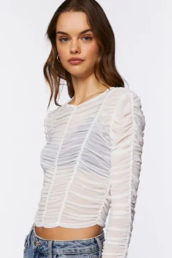 Ruched Mesh Long-Sleeve Top