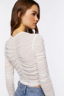 Ruched Mesh Long-Sleeve Top