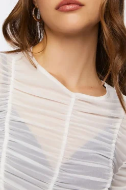 Ruched Mesh Long-Sleeve Top