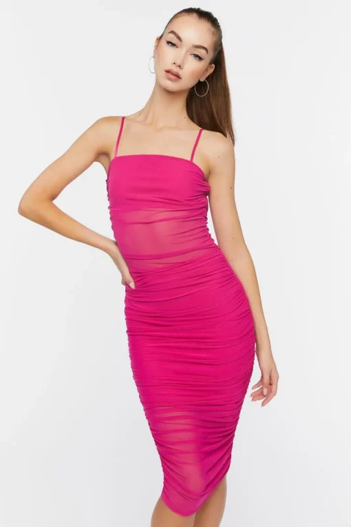 Ruched Mesh Midi Dress