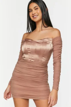 Ruched Mesh Off-The-Shoulder Mini Dress