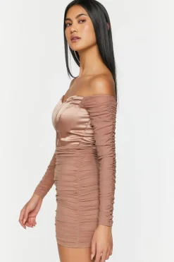 Ruched Mesh Off-The-Shoulder Mini Dress