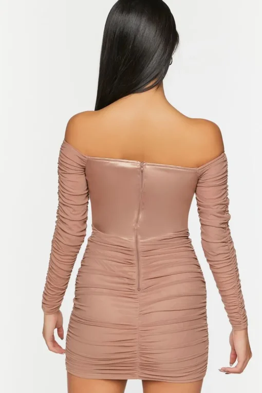 Ruched Mesh Off-The-Shoulder Mini Dress