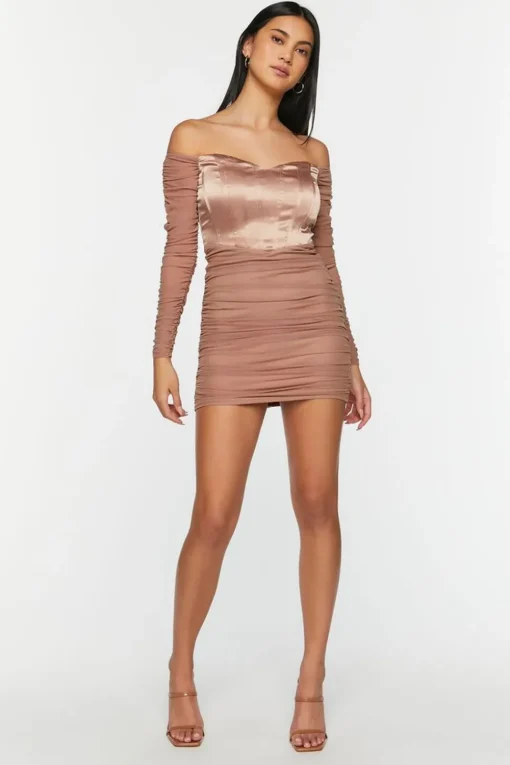 Ruched Mesh Off-The-Shoulder Mini Dress
