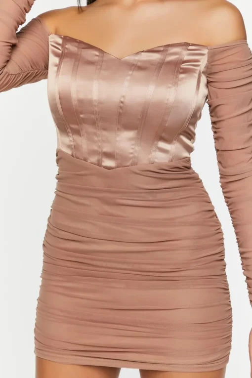 Ruched Mesh Off-The-Shoulder Mini Dress