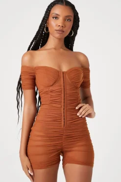 Ruched Mesh Sweetheart Romper