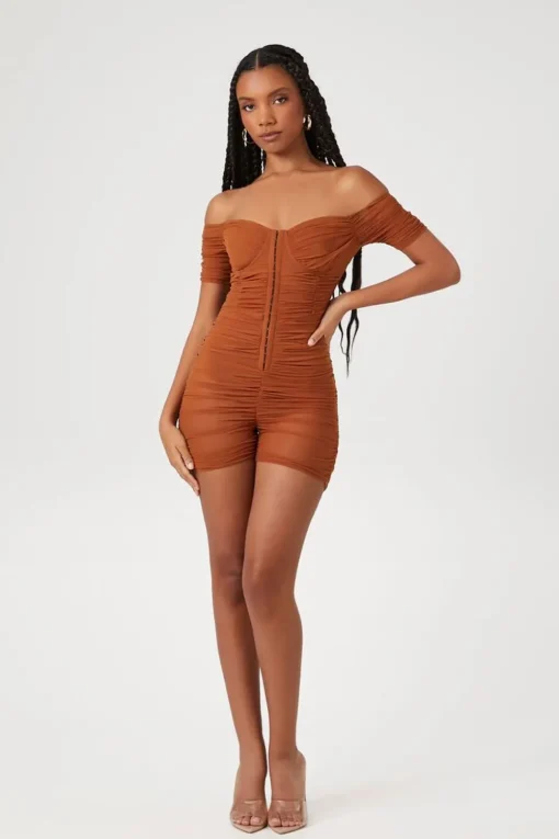 Ruched Mesh Sweetheart Romper