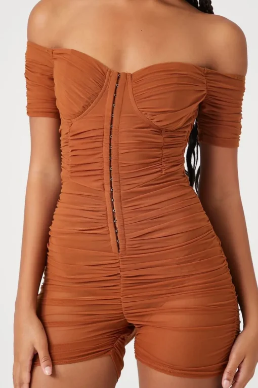 Ruched Mesh Sweetheart Romper