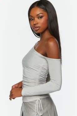Ruched One-Shoulder Long-Sleeve Top