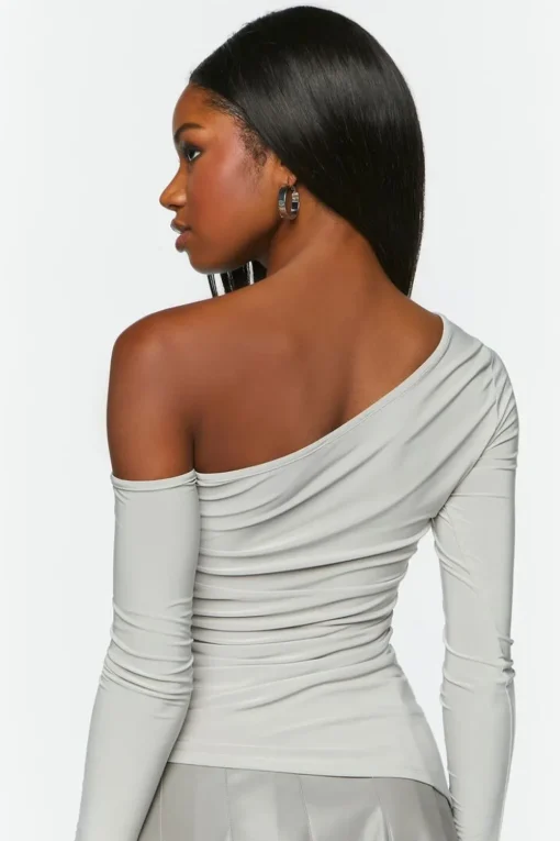 Ruched One-Shoulder Long-Sleeve Top