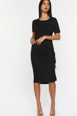 Ruched Short-Sleeve Midi Dress