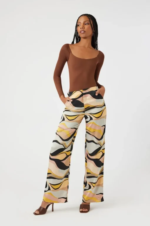 Satin Abstract Print Wide-Leg Pants