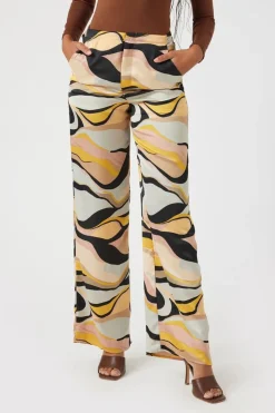 Satin Abstract Print Wide-Leg Pants