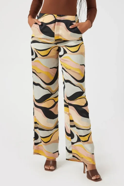 Satin Abstract Print Wide-Leg Pants