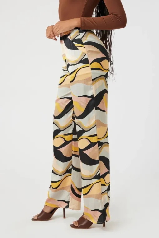 Satin Abstract Print Wide-Leg Pants