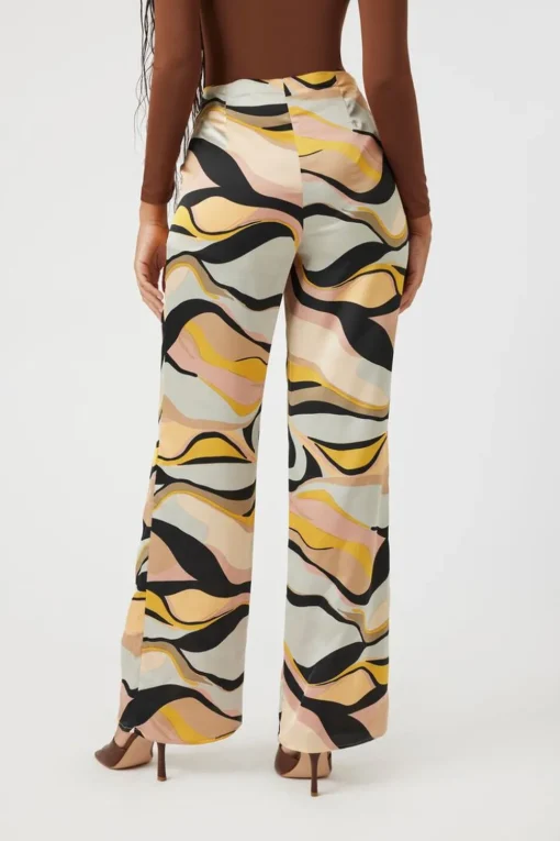 Satin Abstract Print Wide-Leg Pants