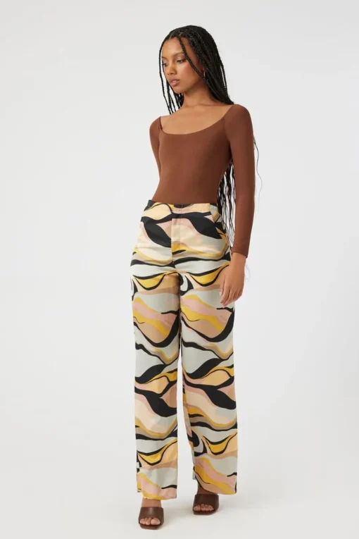 Satin Abstract Print Wide-Leg Pants