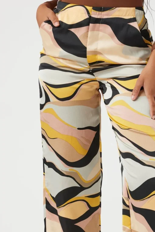 Satin Abstract Print Wide-Leg Pants