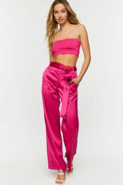 Satin Belted Straight-Leg Pants